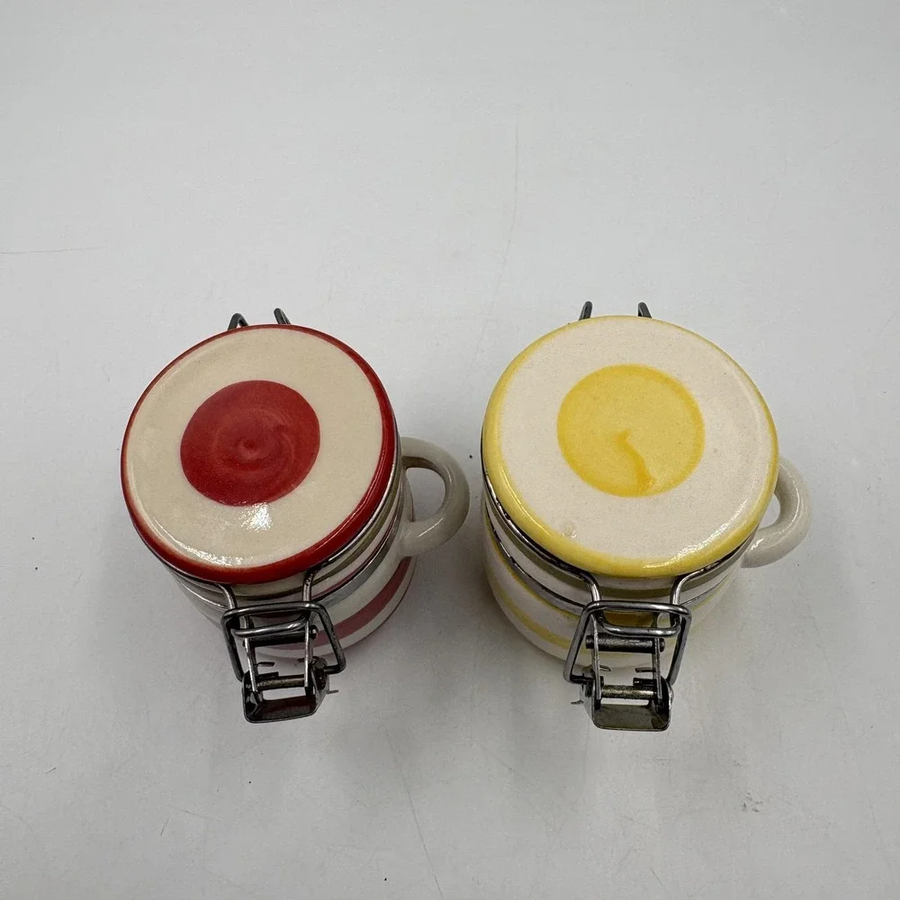 Striped Ceramic Jam Jars Set Of 2 Red‎ Yellow Clamp Lid Airtight Kitchen Storage